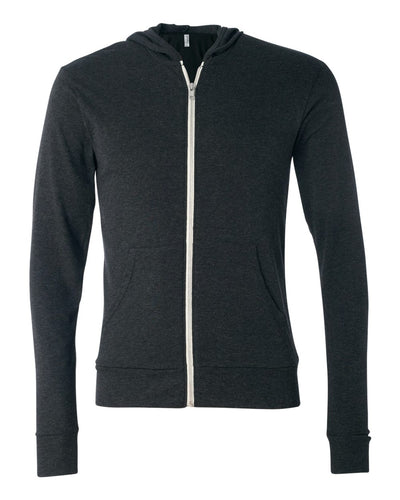 BELLA + CANVAS Unisex Triblend Lightweight Full-Zip Hooded Long Sleeve Tee - 3939 - Charcoal Black Triblend