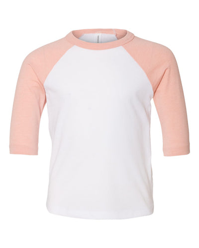 BELLA + CANVAS Toddler Three-Quarter Sleeve Baseball Tee - 3200T - White/ Heather Peach