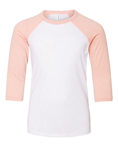 BELLA + CANVAS Youth Three-Quarter Sleeve Baseball Tee - 3200Y - White/ Heather Peach