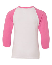 Next Level Youth CVC Three-Quarter Sleeve Raglan T-Shirt - 3352 - Hot Pink Sleeves/ White Body