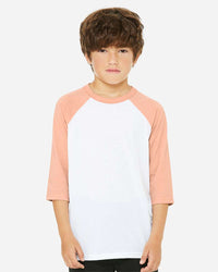 BELLA + CANVAS Youth Three-Quarter Sleeve Baseball Tee - 3200Y - White/ Heather Peach
