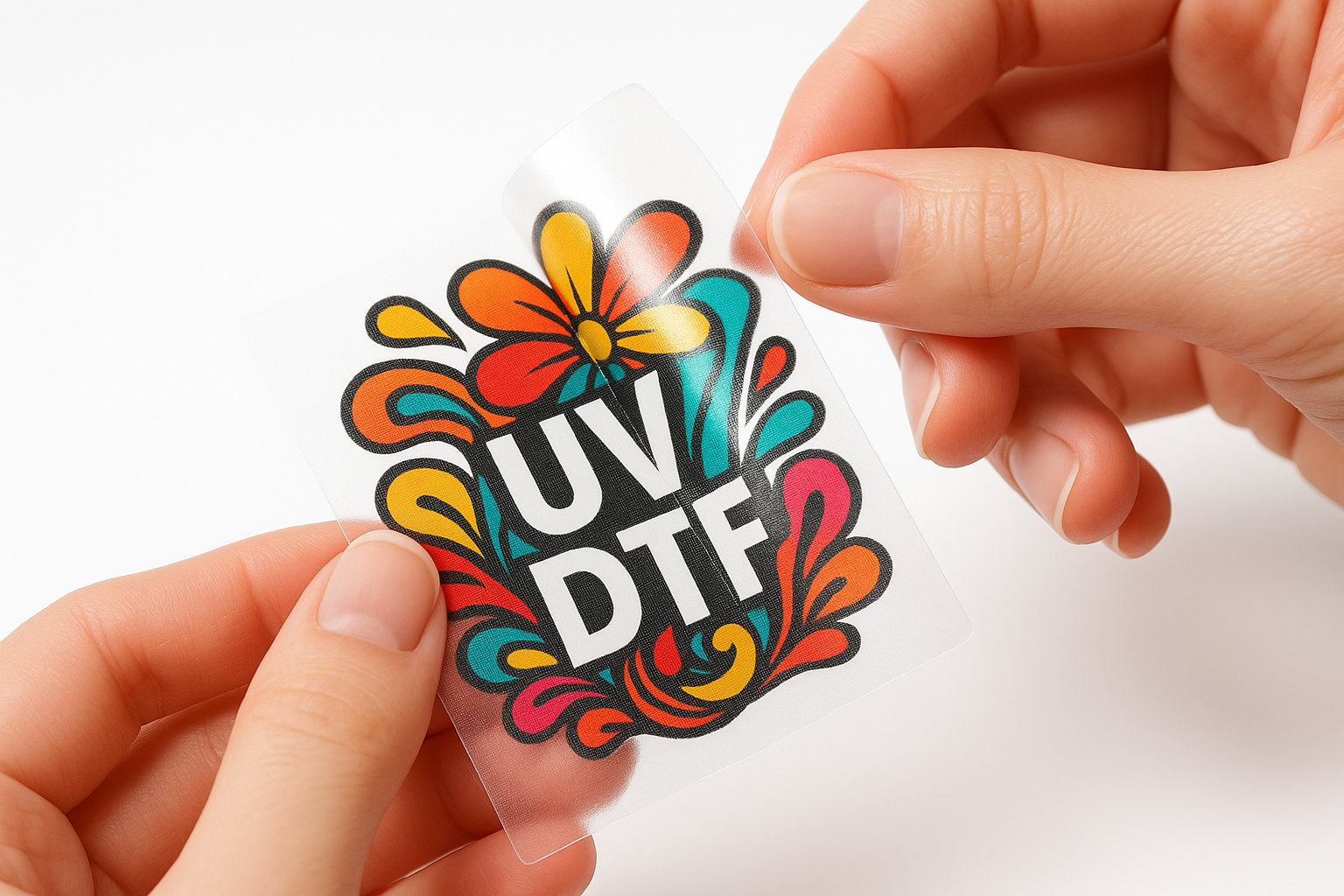 Close-up of peeling UV DTF sticker from its backing, clean white background, bright lighting, professional product photo